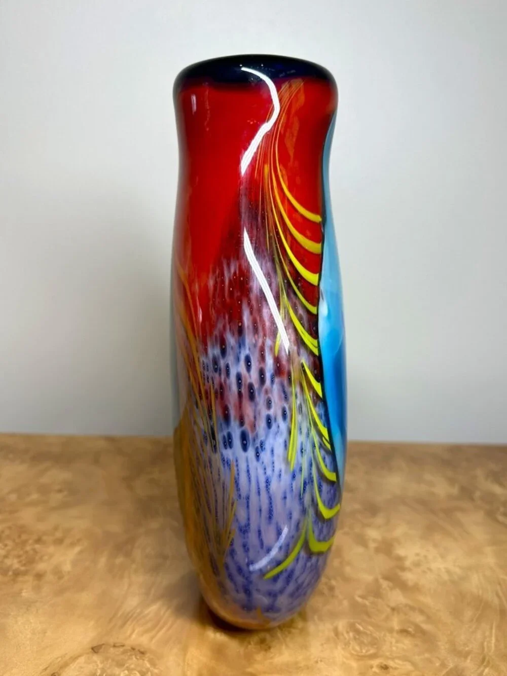 Large Hand Blown Studio Art Glass Vase Sculptural Vessel Red Blue Yellow Black